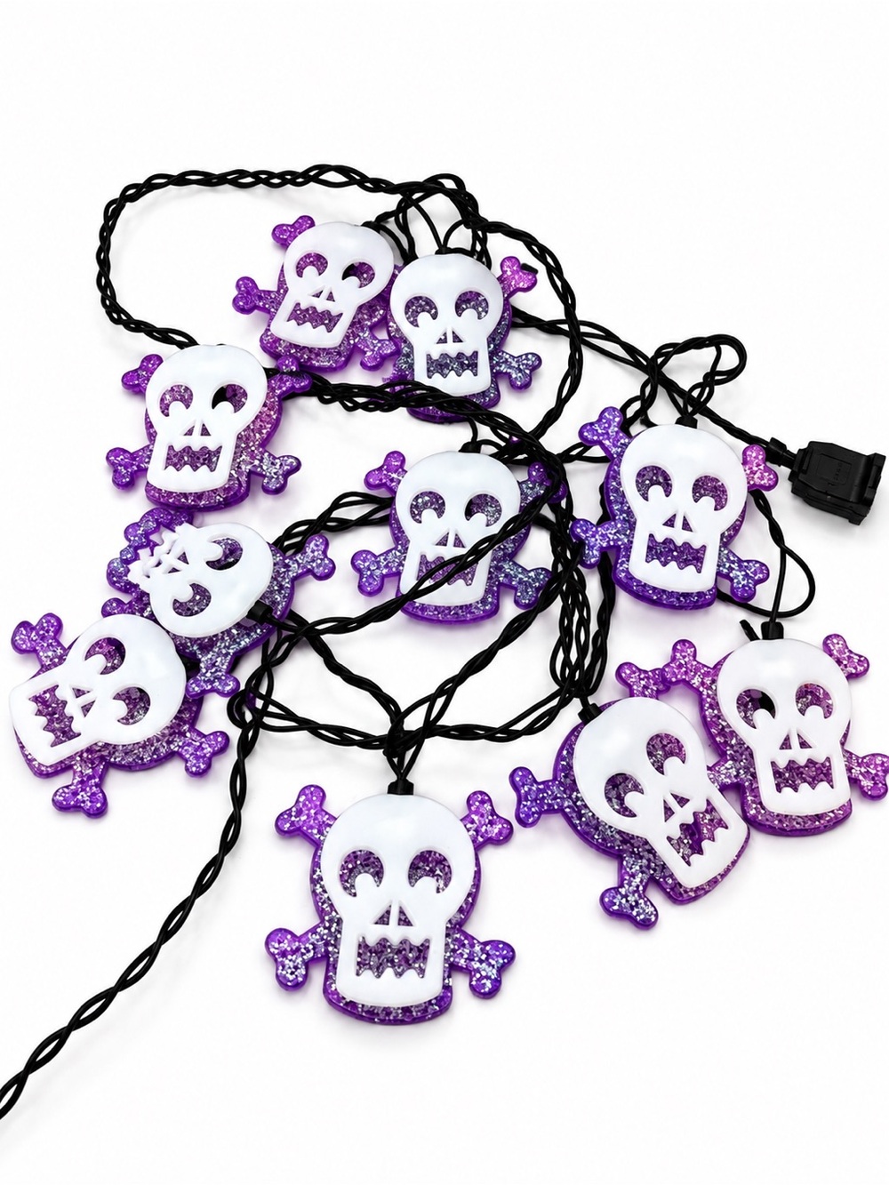 Vintage Halloween Skull & Crossbones String Lights Purple Glitter 10-Light 130”